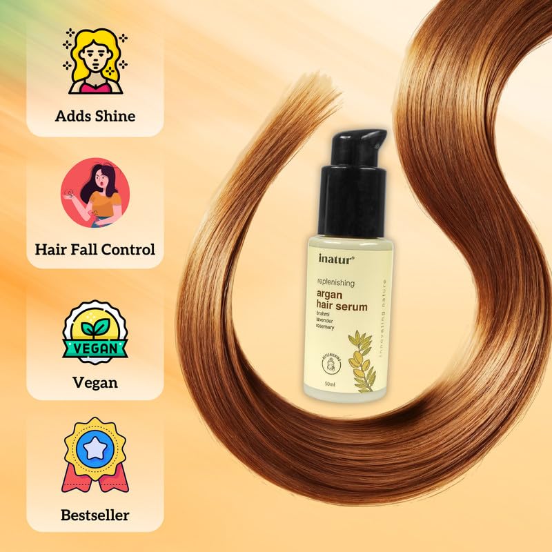 Image of inatur Argan Oil Hair Serum | Frizz Control & Deep Nourishment | Smoothens, Strengthens & Adds Shine | Lightweight, Non-Greasy Formula for Soft, Silky & Tangle-Free Hair | All Hair Types | 50ml