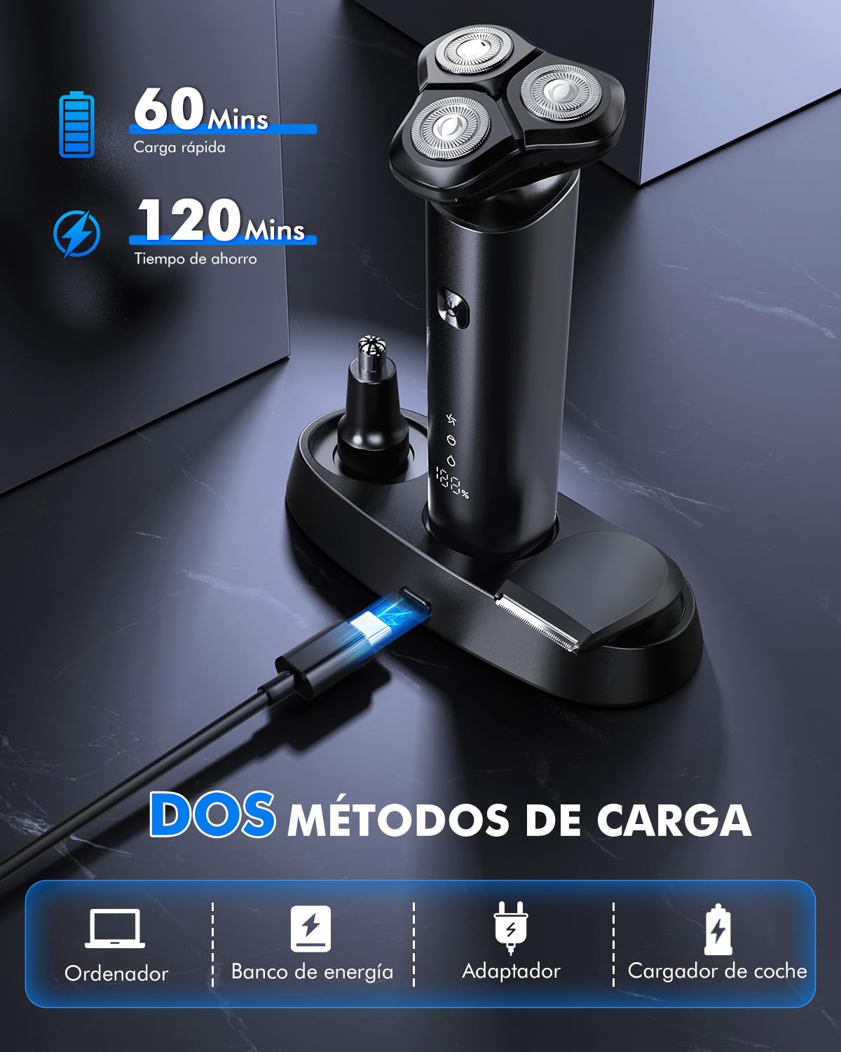 Afeitadora Electrica Hombre, 3D Maquina de Afeitar hombre Con Base recargable -Recortadora de Barba-Hombre de Pantalla LED -Afeitadora En Seco/Húmedo -Afeitado a Prueba De Agua IPX7