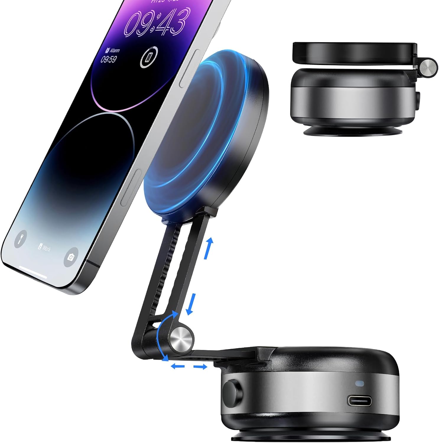 Electric Vacuum Magnetic Suction Phone Holder,Adjustable Suction Cup Phone Mount for Car,Foldable Smart Double-Sided Magnetic Phone Holder (Upgraded Silver-Adjustable Telescopic Stand)