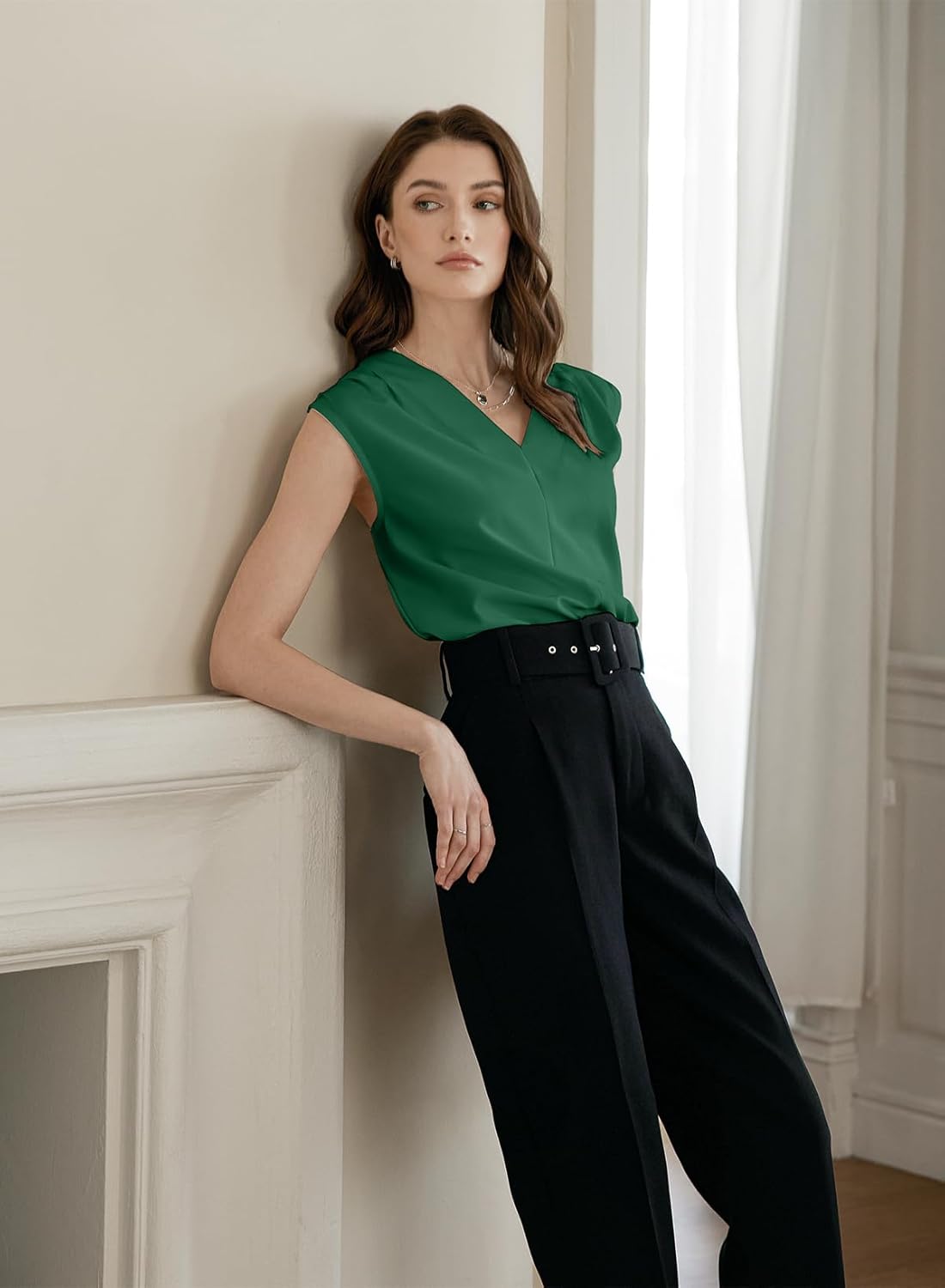 EVALESS Women's Pleated V Neck Sleeveless Tank Top - Image 4