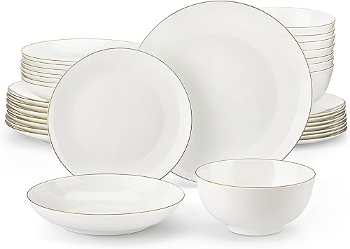 MALACASA Juego de vajilla para 8, vajilla de porcelana fina de 32 piezas con borde dorado, juego de vajilla redondo ligero con platos, platos y