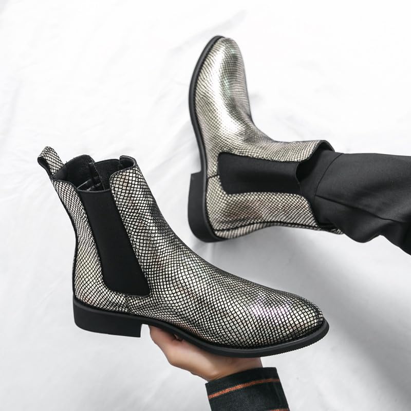 Santimon Men's Leather Chelsea Boots, Shiny Pattern Ankle Boots Comfortable Stylish Slip On Dress Boot3