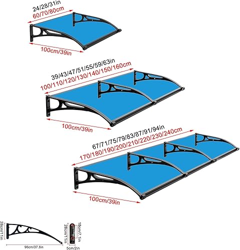 Miniatura 5 de Cubierta de policarbonato azul para puerta delantera, toldo de lluvia, toldo de aluminio para patio, porche, toldo de entrada, balcón silencioso,