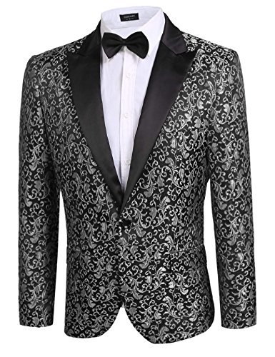 Coofandy New Men Casual Slim Fit Long Sleeve Dress Suit Floral Stylish Jacket Wedding Blazer Grey Large