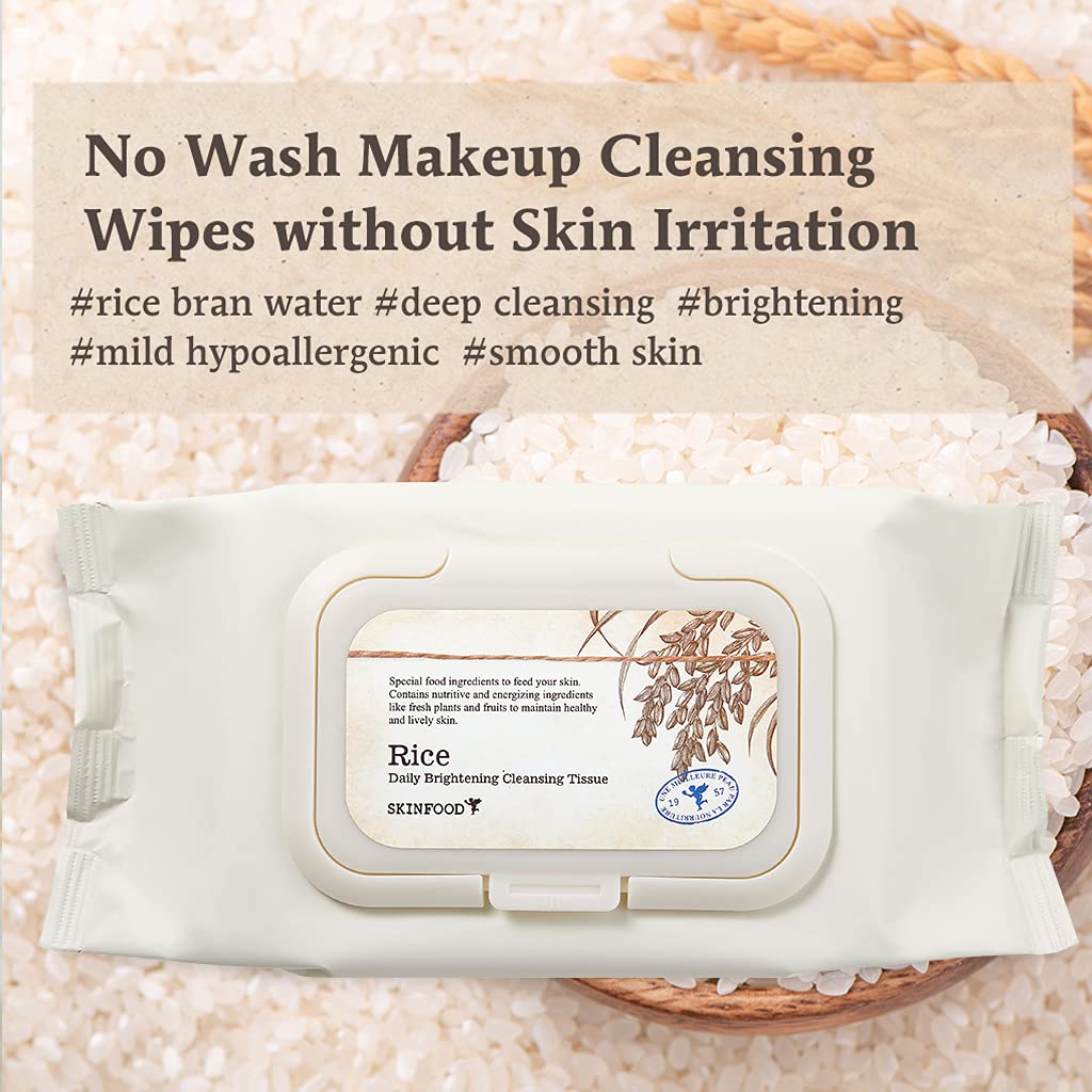 SKINFOOD Rice Cleansing Wipes - Daily Hypoallergenic Rice Nourishing Makeup Remover Tissue Wipe - Facial Skin Clear & Refreshed - Korean Beauty Face Wipes for Women - Travel Makeup Wipes (80 Sheets) : Beauty & Personal Care