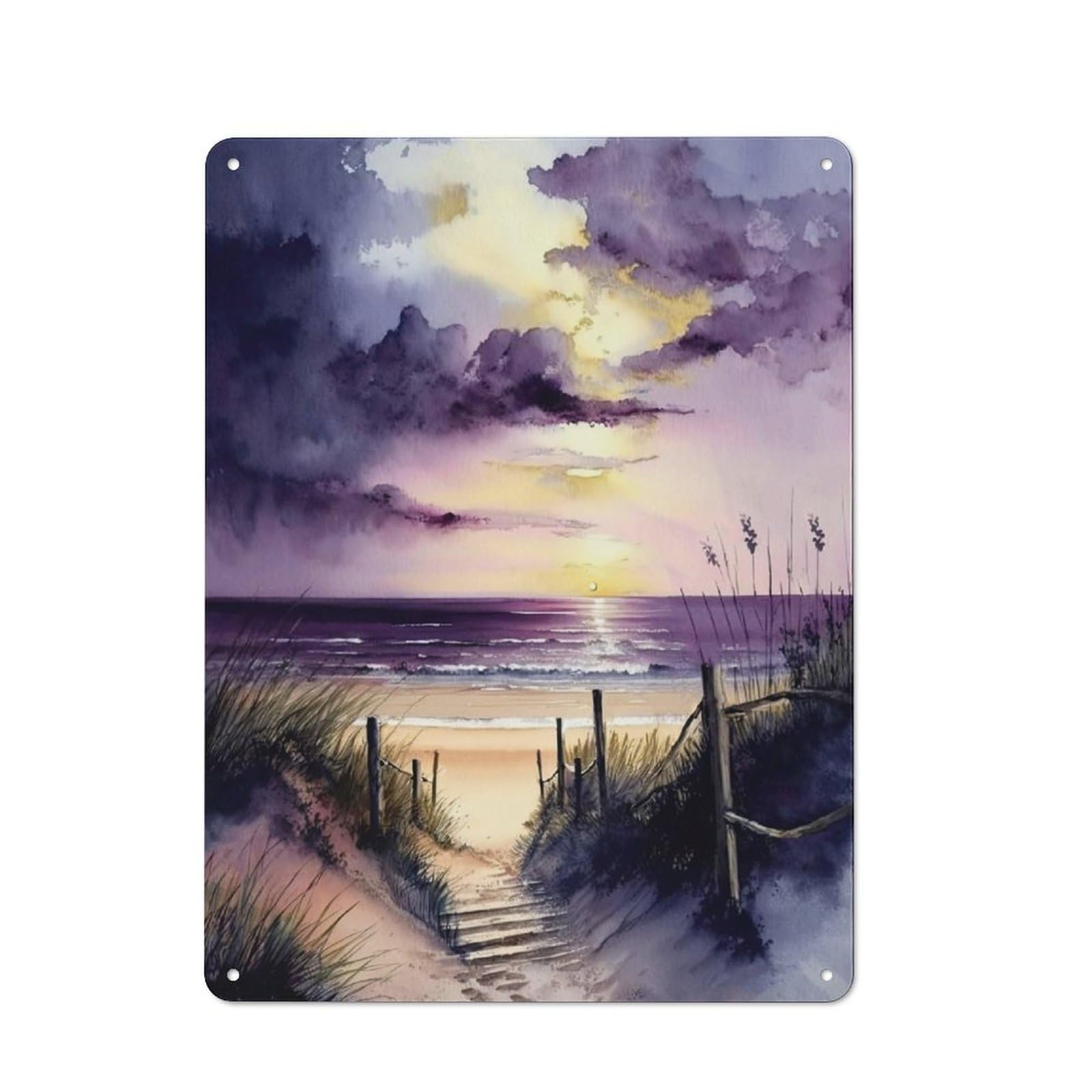 Junmoney Beach At Purple Sunset 2 Rustic Tin Sign 40X30cm Featuring For Bar Or Restaurant, A Housewarming Gift For Bar Decor Enthusiasts