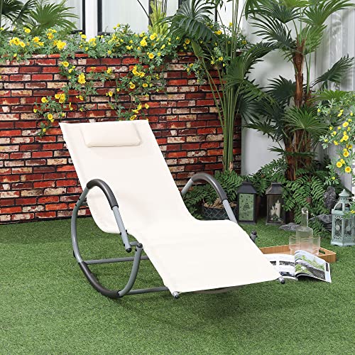 Outsunny Outdoor Rocking Chair, Chaise Lounge Pool Chair For Sun Tanning, Sunbathing Rocker, Armrests & Pillow For Patio, Lawn, Beach, Large, Beige #TOP1