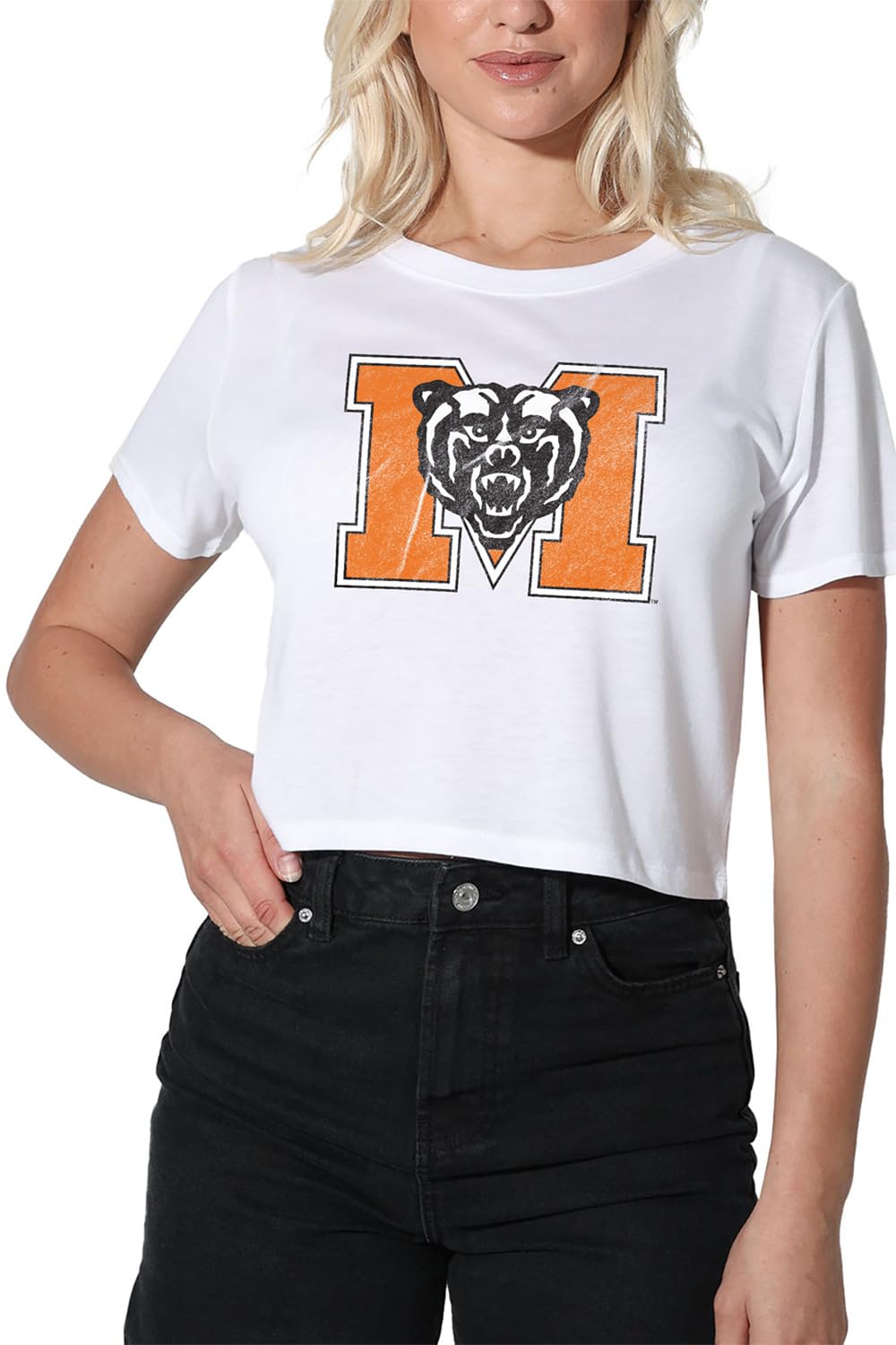 Official Collegiate Distressed Primary Logo Women's Apparel Crop Top T-Shirt Collection, White