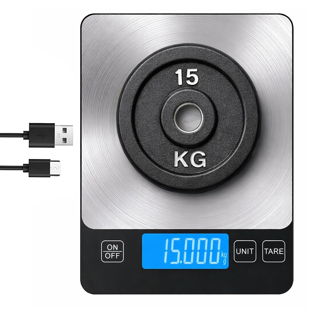 15kg Digital Kitchen Scale Rechargeable with USB Type C Charging & LCD Display, 304 Stainless Steel Weight Food Scale Ounces Grams for Kitchen Cooking Baking Meal Prep