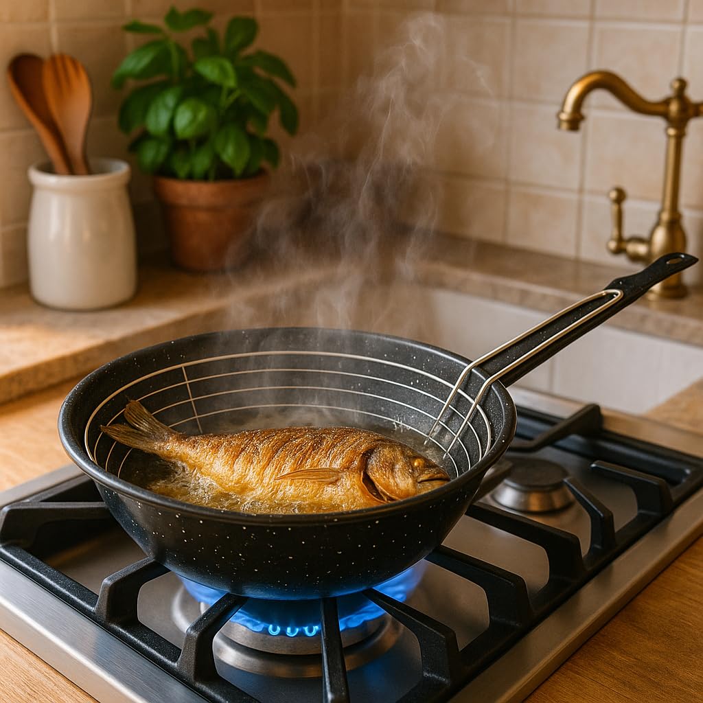 Padella Friggitrice Con Cestello, 28 Cm, Acciaio Vetrificato Antiaderente Nero - Perfetta Per Fritti Croccanti