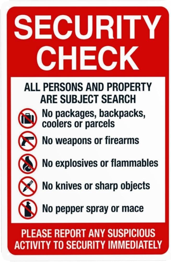 Security Check All Persons And Property Are Subject To Search No Weapons Or Firearms Warning Sign Security Entrance Metal Signs For Business Wall Safety Caution Decor Gift For Women Men 8x12 Inch