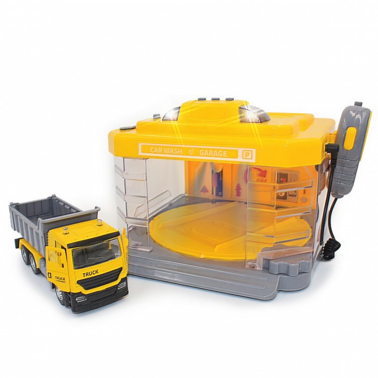 MagiDeal Autolavaggio Giocattolo per Bambini Playset Officina Veicolo in Lega Auto Camion Lavaggio Realistico con Nebbia Luci, Stazione Di Ingegneria Con Dumper