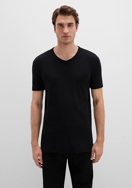 V Yaka Siyah Basic Tişört Fitted/Vücuda Oturan Kesim 063748-900