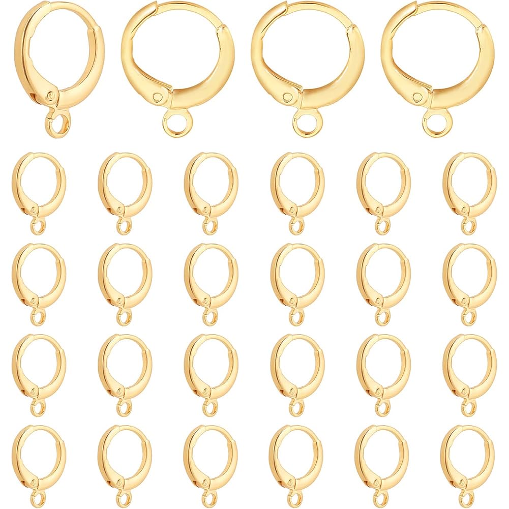PH PandaHall 30pcs Round Leverback Hooks Huggie Hoop 18K Gold Plated Brass Huggie Earring with Open Loop Earring Findings for Men Women DIY Earring Jewelry Making 11.5x15x2 mm