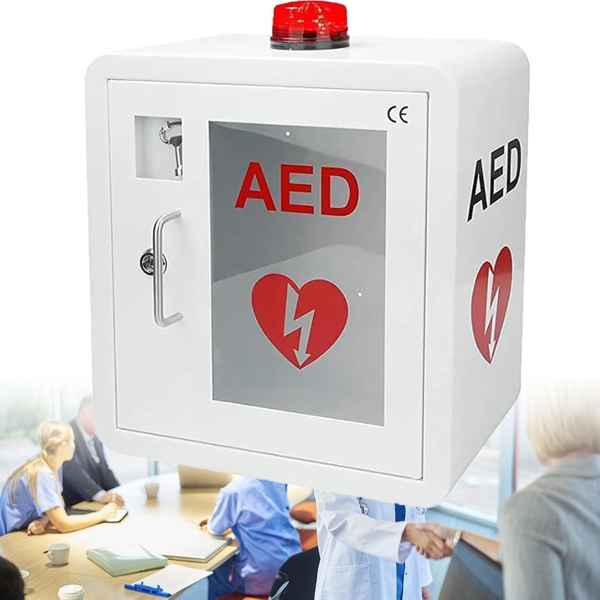 Armario para desfibrilador externo automático (DEA) con cerradura y alarma | Almacenamiento de desfibrilador de primeros auxilios para montaje en pared | Diseño seguro con esquinas redondeadas para
