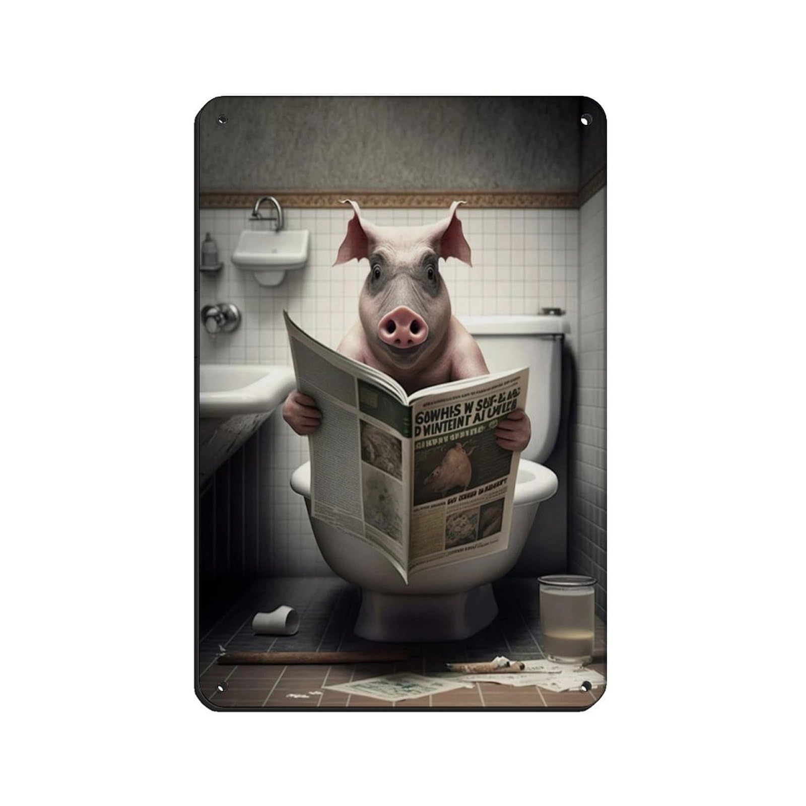 Pig Sitting on The Toilet Reading A Newspaper (2) Tin Sign Vintage Metal Pub Club Cafe Bar Home Wall Art Decoration Poster Retro 8x12inch(20x30cm)