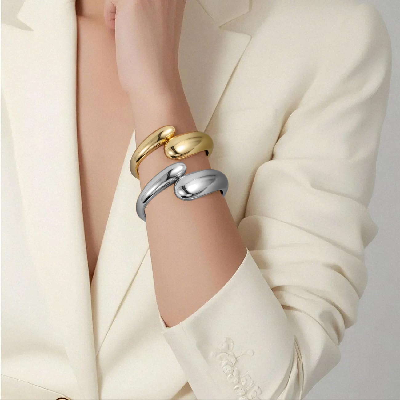 Emibele Cuff Bracelet Stack, 18K Gold-plated Open Bangle Bracelet, Teardrop Hinged Thick Wrist Chunky Bracelet Set for Women, Non Tarnish Jewelry Gift, 2 Pack - Image 6