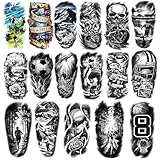 77 feuilles de tatouages temporaires pour adultes et enfants - Faux tatouages imperméables - 17 grands et 60 petits autocollants noirs - Sportif Football Basket-ball Bowling