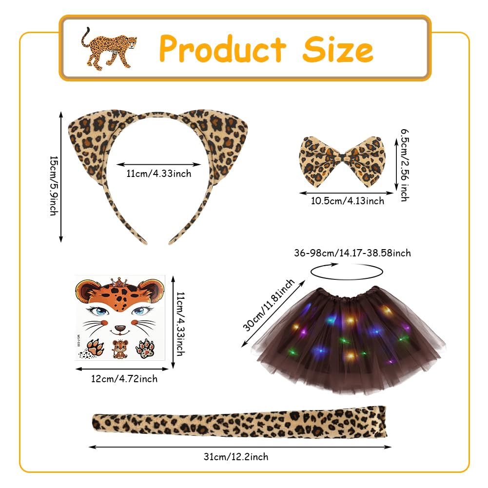 AOOWU Luminoso Costume Animale Bambina, Kit di 5 Pezzi Costume Animale Tutu LED Gonna con Cerchietti Orecchie Leopardo Coda Papillon Adesivi per Halloween, Carnevale Cosplay Party