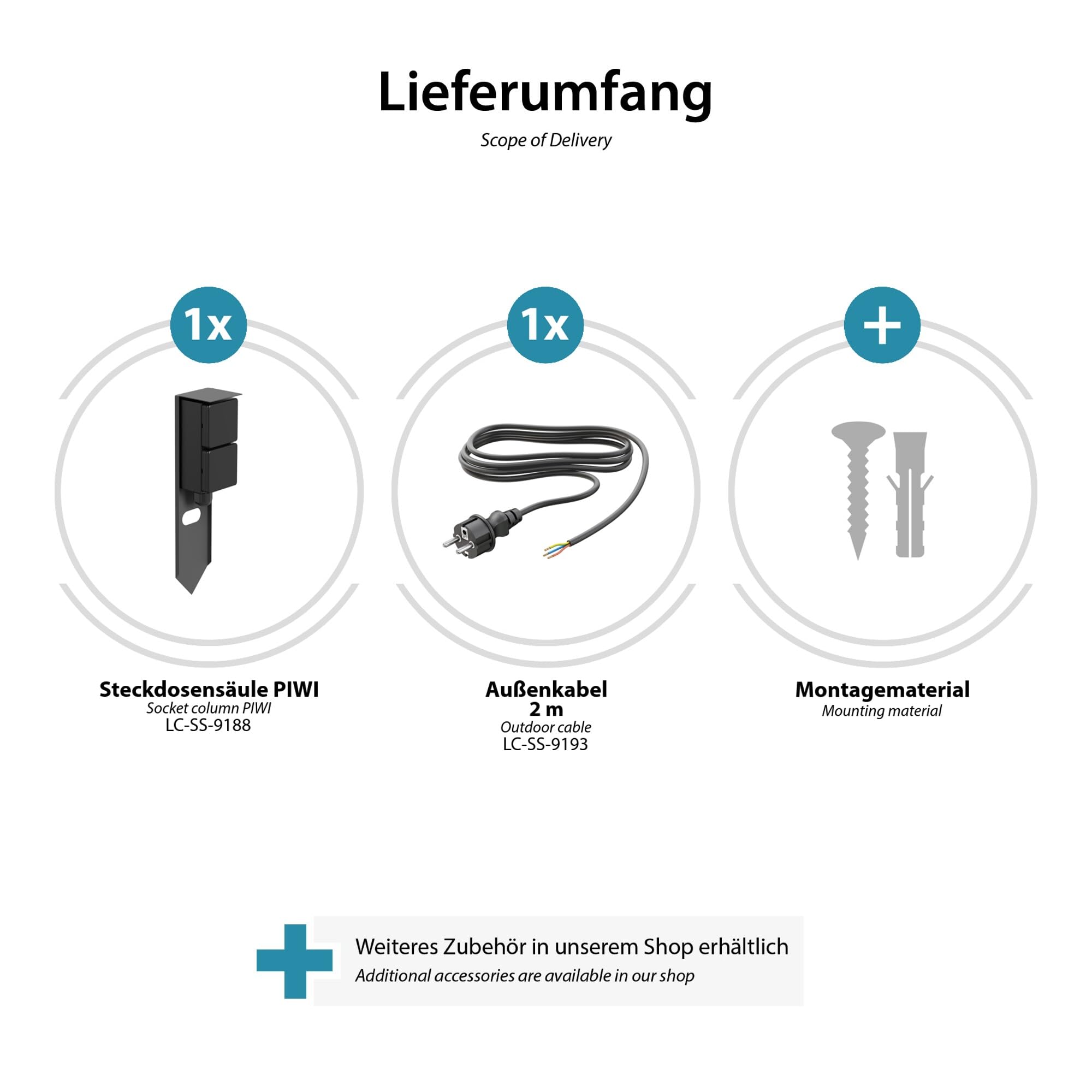 ledscom.de 3X Garten Steckdosen-Säule PIWI mit Erdspieß und 2m Kabel für außen, IP44, 2-Fach, anthrazit