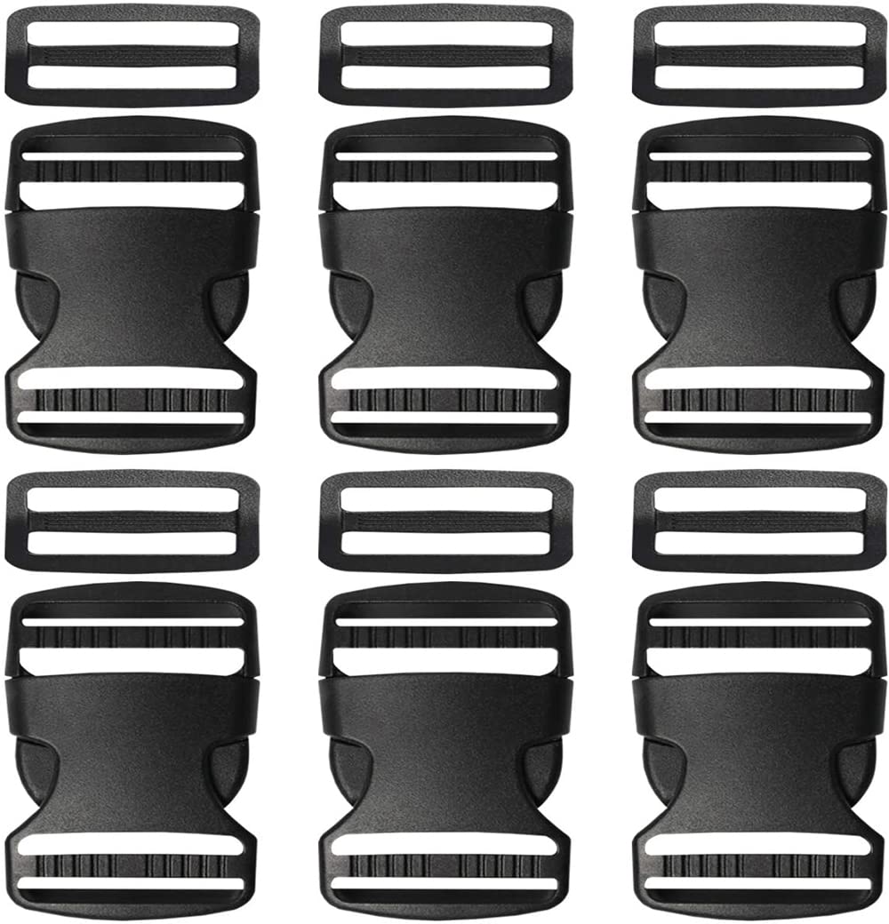 Serdokntbig Plastic Buckle 1 1/2 Inch - Double Adjustable Quick Side Release Replacement Clip for Webbing Strap - 6 Sets Black.