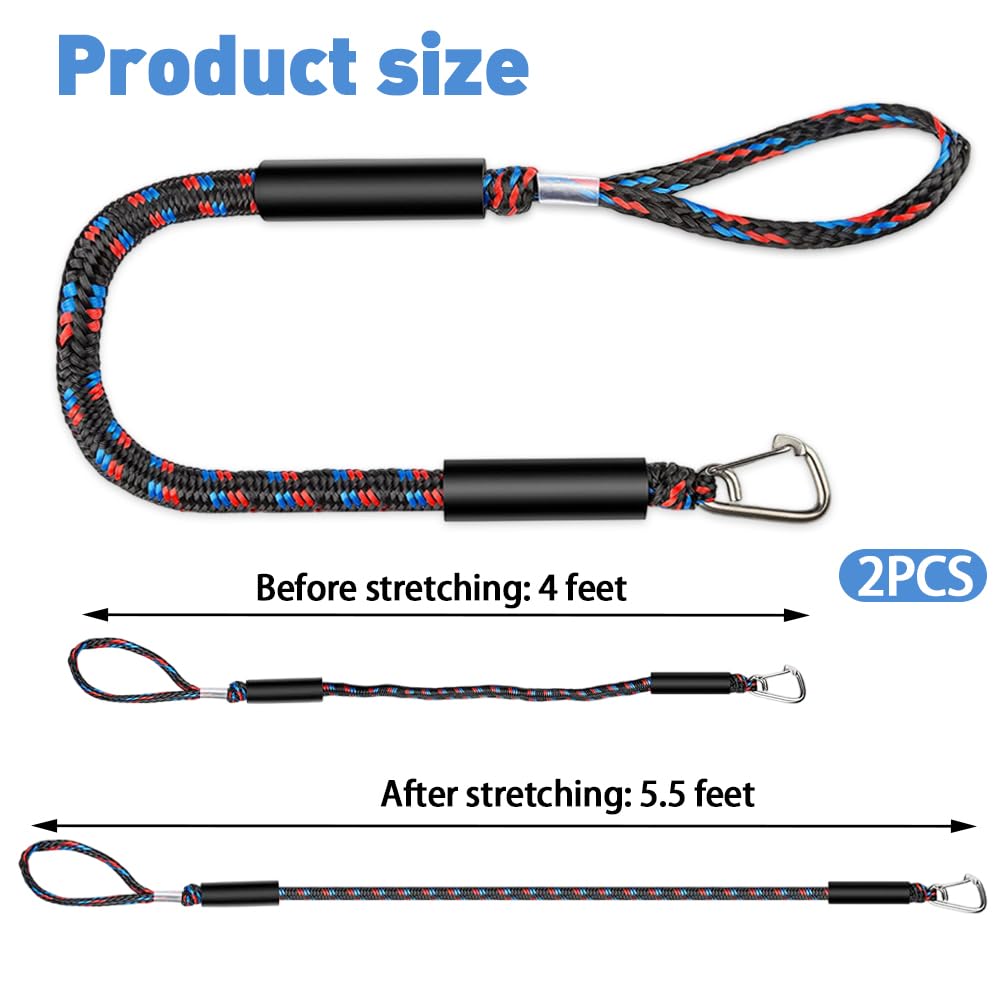 2 Pcs Cavi per Ormeggio barca, Bungee Dock Line con Gancio, Cravatta Elastica per Barche, Kayak, Pontone, Canoa (Nero + Blu + Rosso)