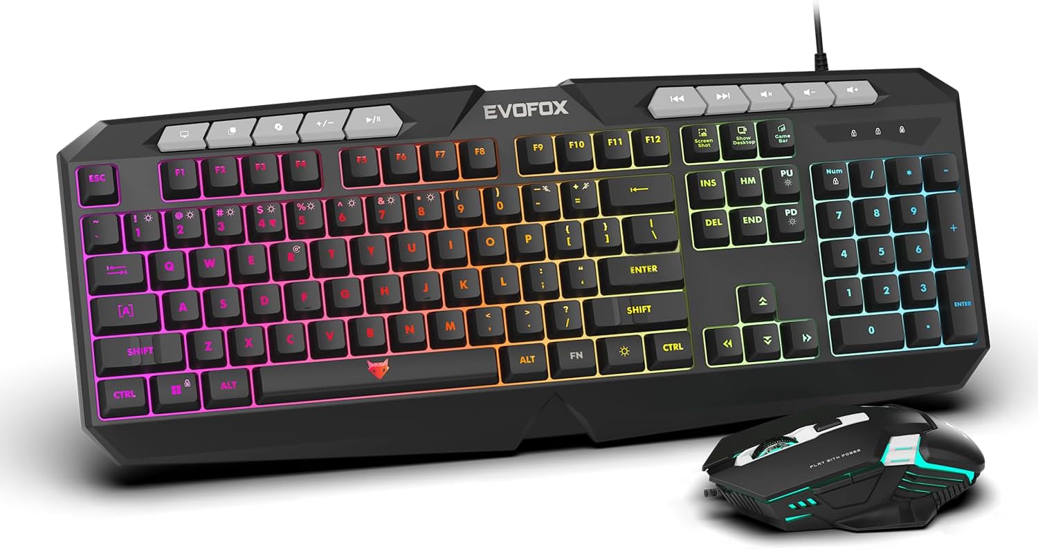 EvoFox Deathray V2 Gaming Keyboard and Mouse Combo | 6 Zone RGB Backlighting, 19 Anti Ghosting Keys, Membrane Keys, Ergonomic, Full-Size | 6 Buttons, 7 Color LED Lighting, Upto 3600DPI (Wired)