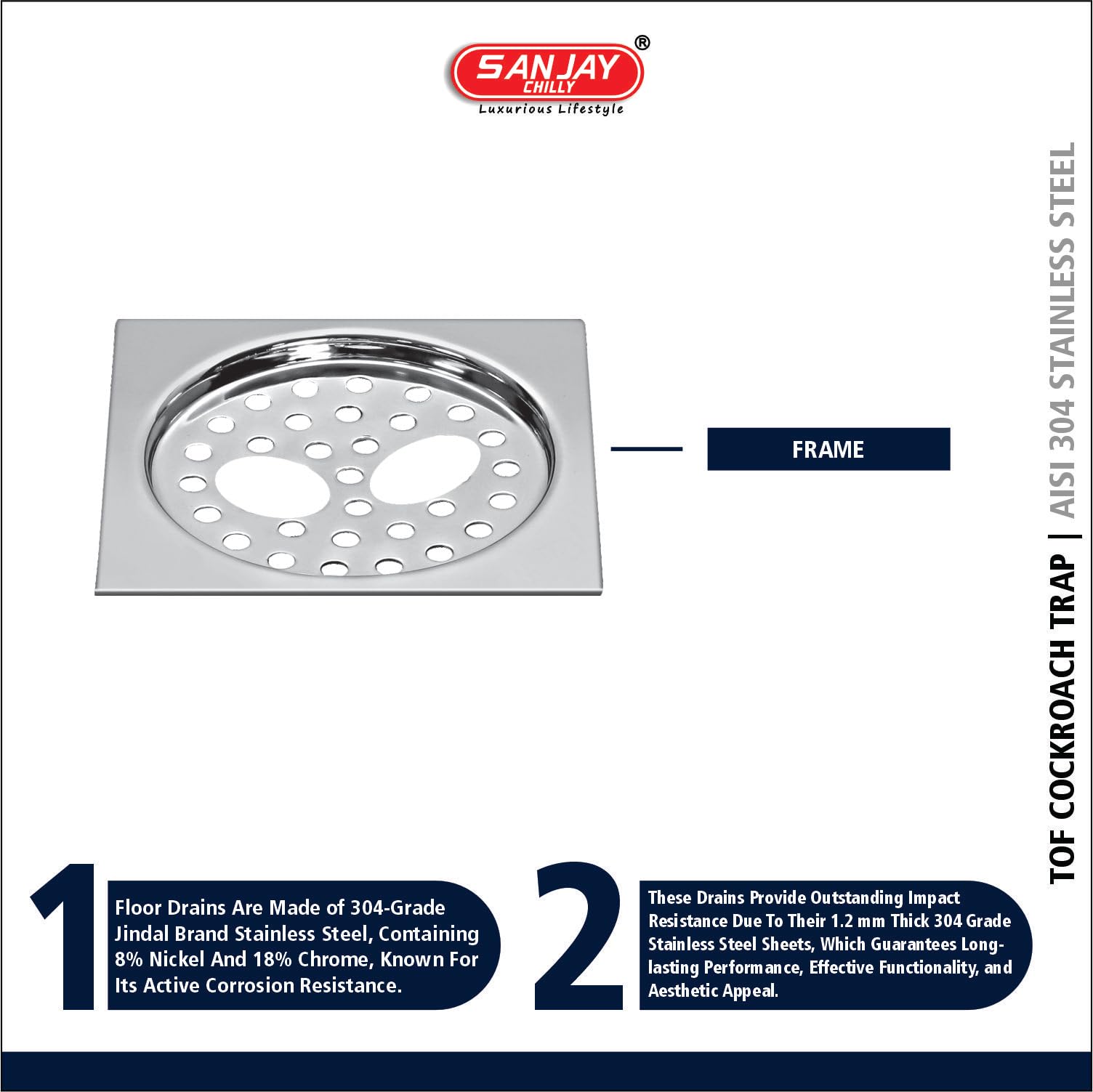 Sanjay Chilly SS Floor Drain with Double Holes Cover Jali 304 Grade Sani Square Bathroom Gratings Open Area Kitchen Sinks and Wash Basins Water Drainer Pisto Square 6x6 INCH 1