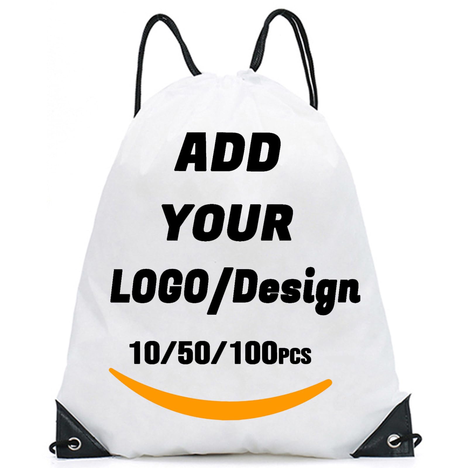AMOFACIO Custom Drawstring Backpack 10/50/100/200 Pcs Personalized Bulk Sport Draw String Bags with Logo, Text, Design, Customized Promotional Items White