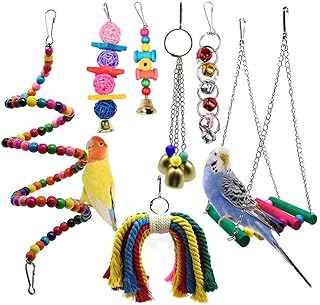 Bird Chew Toys for Parrots, Pet Bird Swing Perch Cage Toy, Parrot Swing Chewing Toys with Bells for Parakeet Love Birds Conure Cockatoo Cockatiel Finches Lorikeets Macaw, Wood Parrot Toy for Medium Small Parrots.(7 Packs )