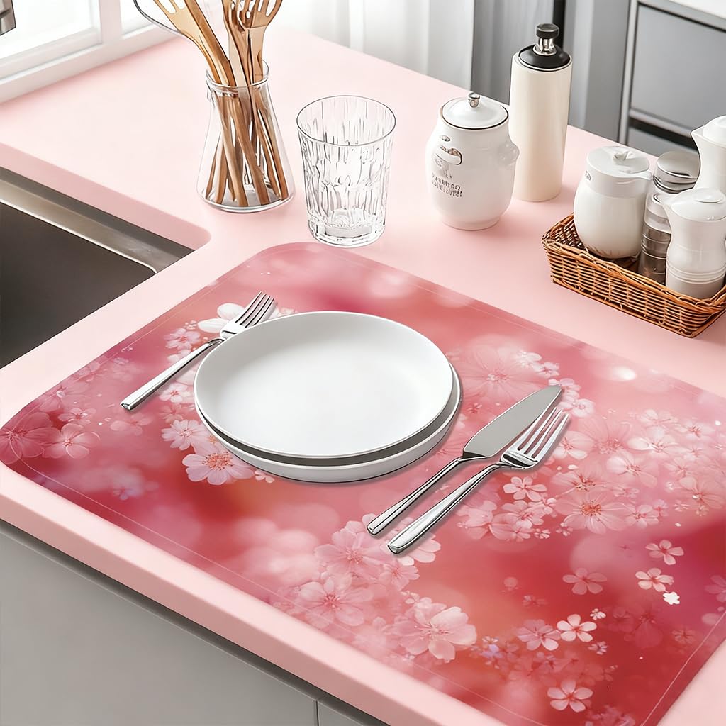 INFUNLY Tapis d'égouttoir à vaisselle rose Love pour cuisine, motif cœurs romantiques, tapis absorbant, en microfibre, tapis de séchage pour vaisselle de 45,7 x 61 cm, lavable pour comptoir, café, bar