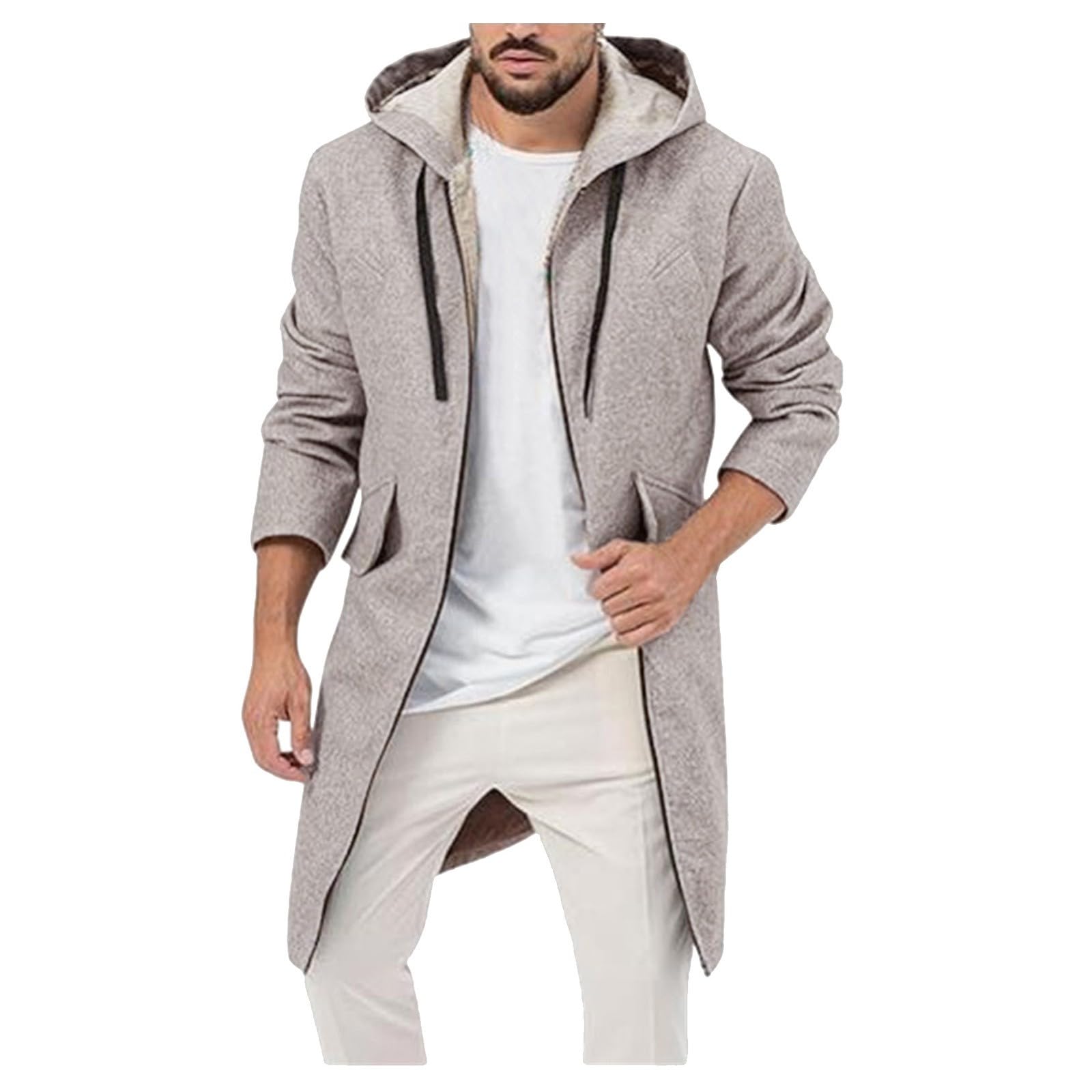Generisch Cappotto di lana da uomo, lungo, antivento, invernale, con tasche multiple, con cappuccio, da lavoro, in tinta unita, caldo, da lavoro, alla moda, da uomo