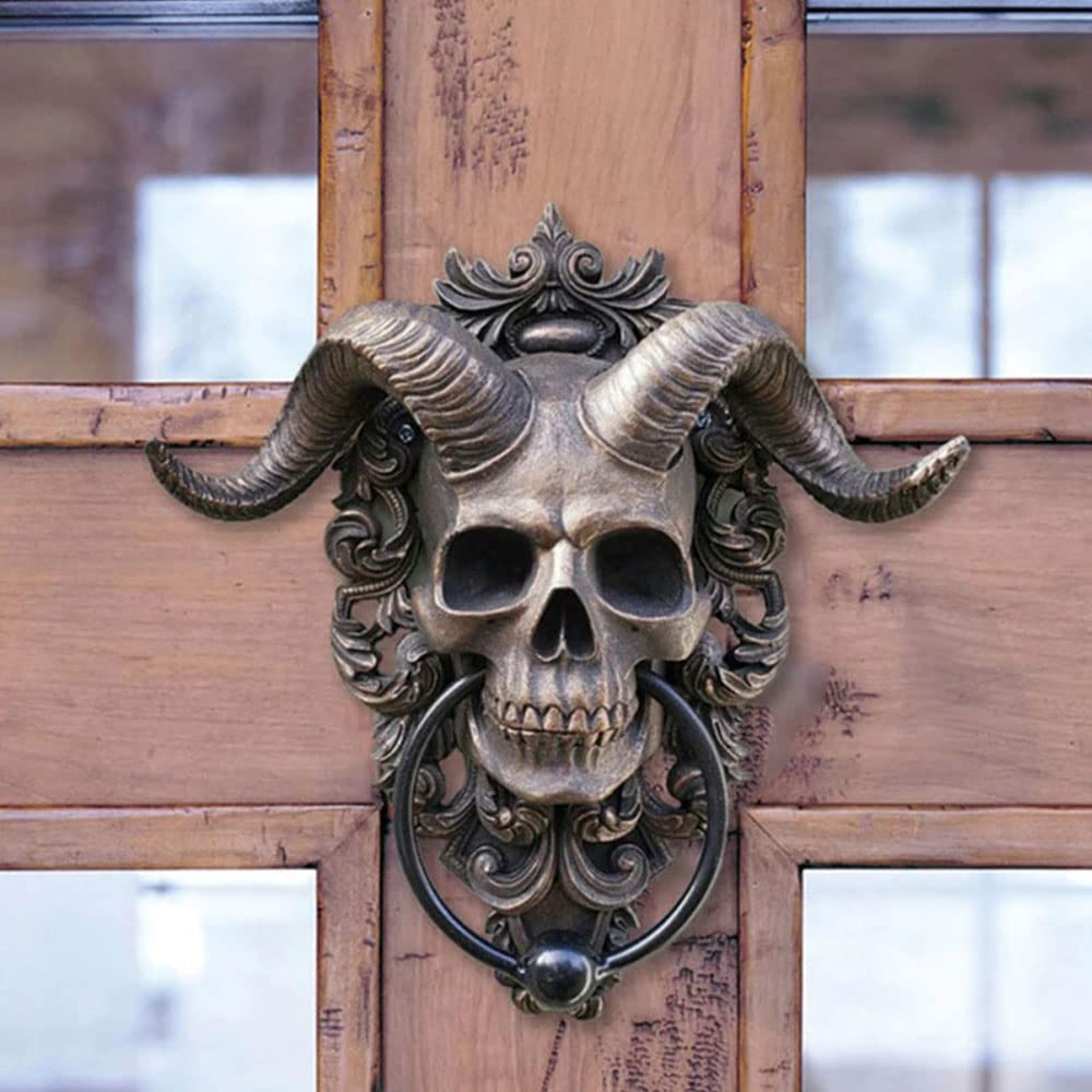Romeeton Türklopfer mit Satan-Totenkopf, Kunstharz, Ziegenkopf, Wanddekoration, Gothic-Dekoration (groß)