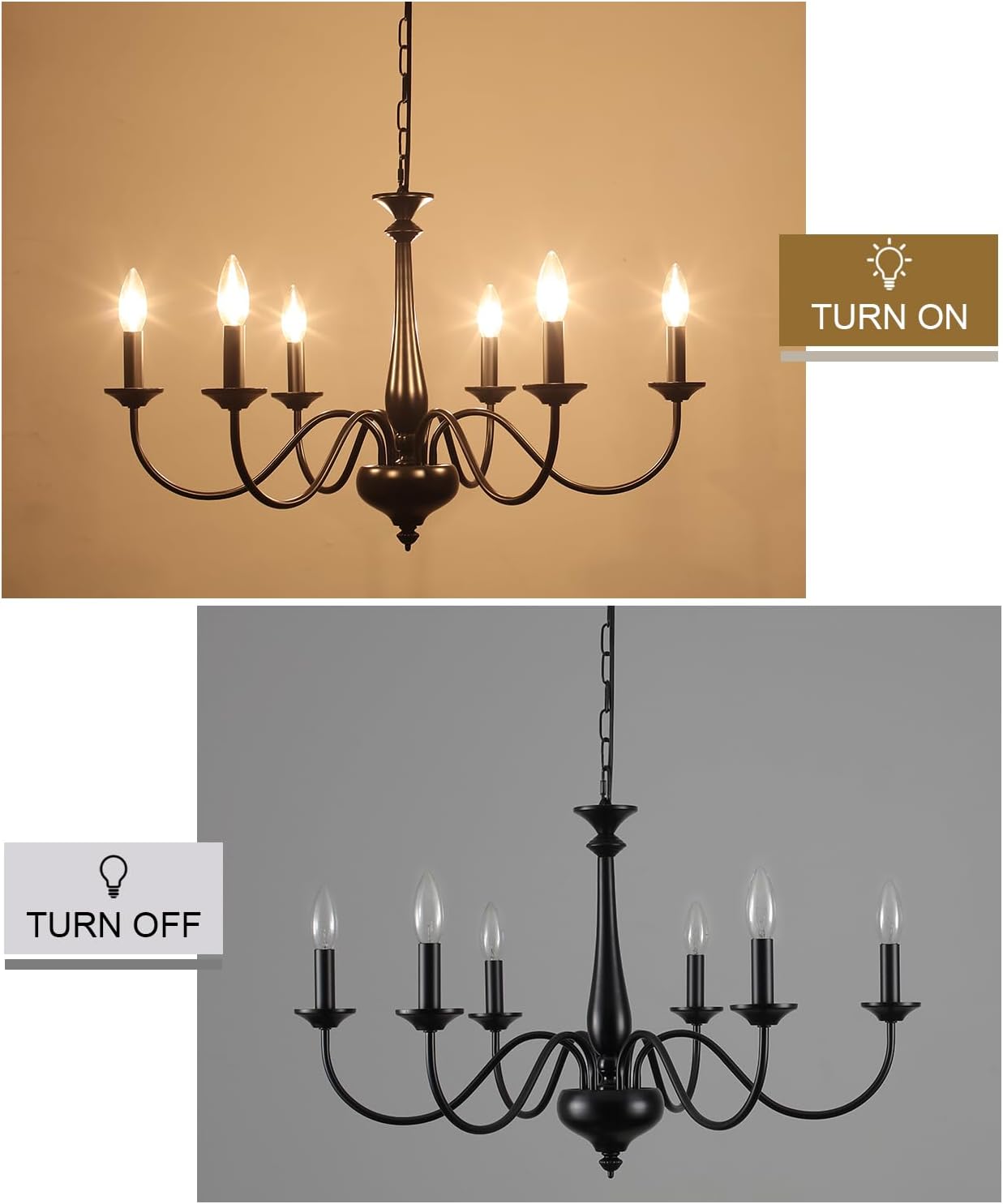 Plug in Chandelier Lighting with Cord 15ft & On/Off Switch, Hanging Lights with Plug in Cord, 6 Light Black Farmhouse Chandelier for Dinging Room Living Room Kitchen Island Bedroom