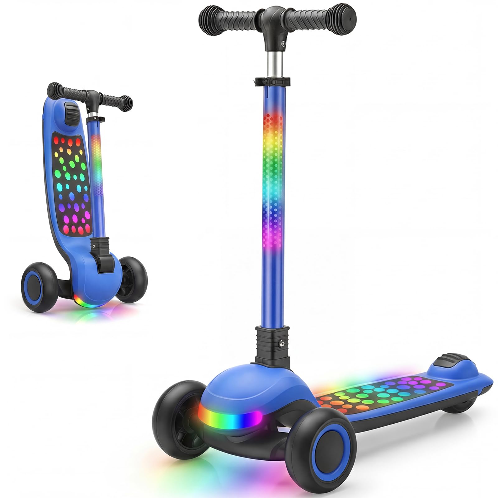 Kids Scooter Ages 3-10, One-click Folding with 4 Height Adjustable Handlebar and Rear Brake,Light Up Wide Deck Scooter for Boys & Girls