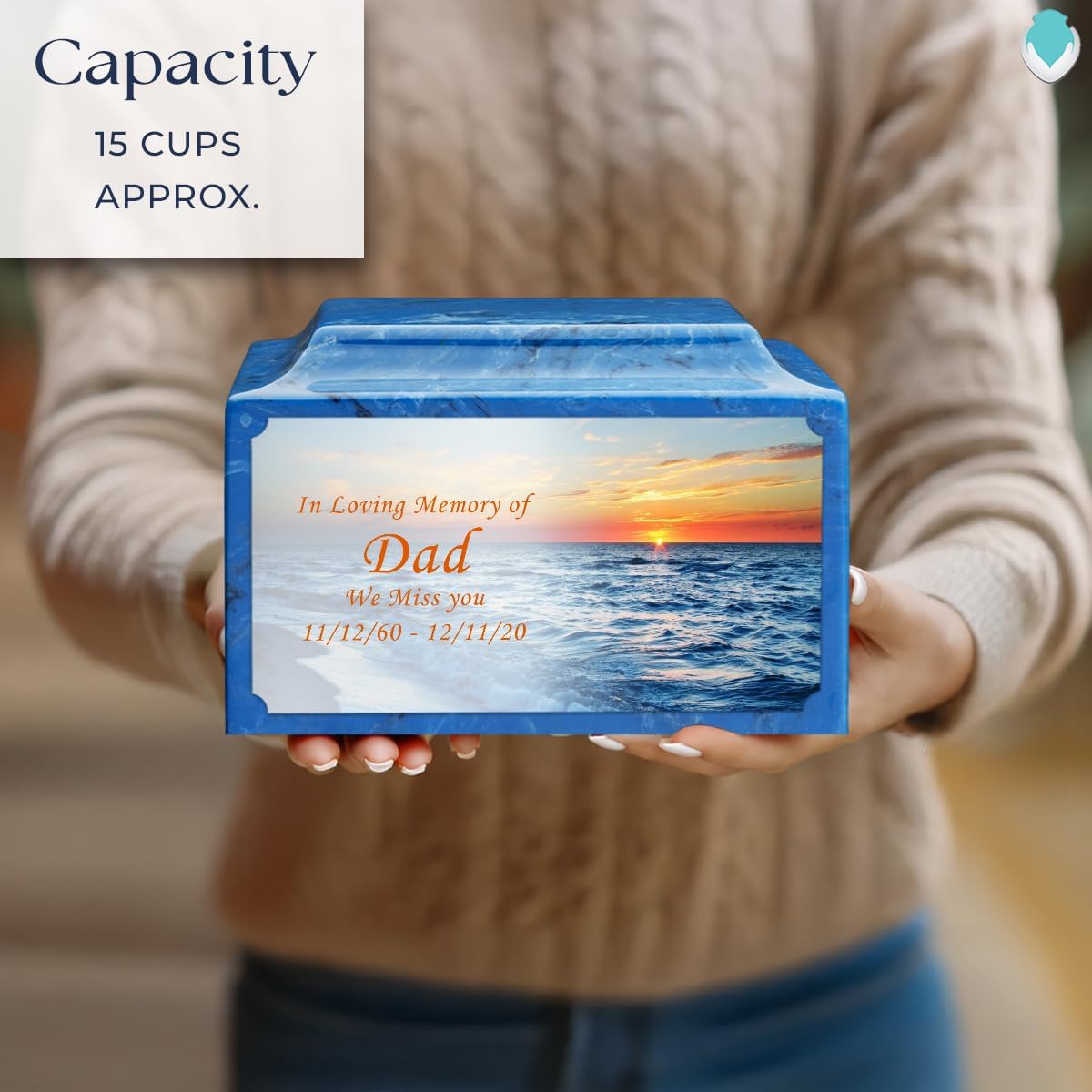 GetUrns Cultured Marble Urn Vault by Mackenzie with Personalized Ocean Sunset and Text for Human Ashes I Mystic Blue Adult Urns for Male and Female I 210lbs