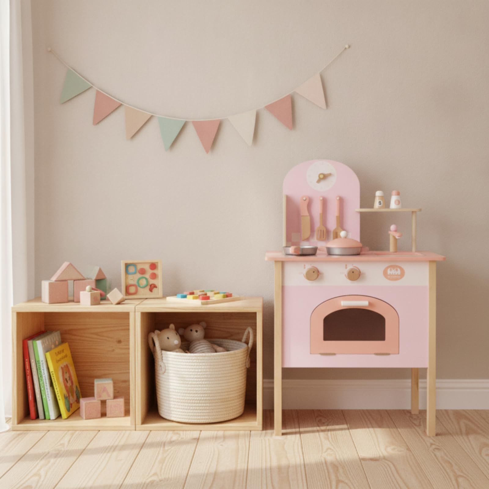 Qianly Cucina Giocattolo con Accessori Realistica Cucina Giocattolo in Legno Naturale per Bambine, Cameretta , Bianco