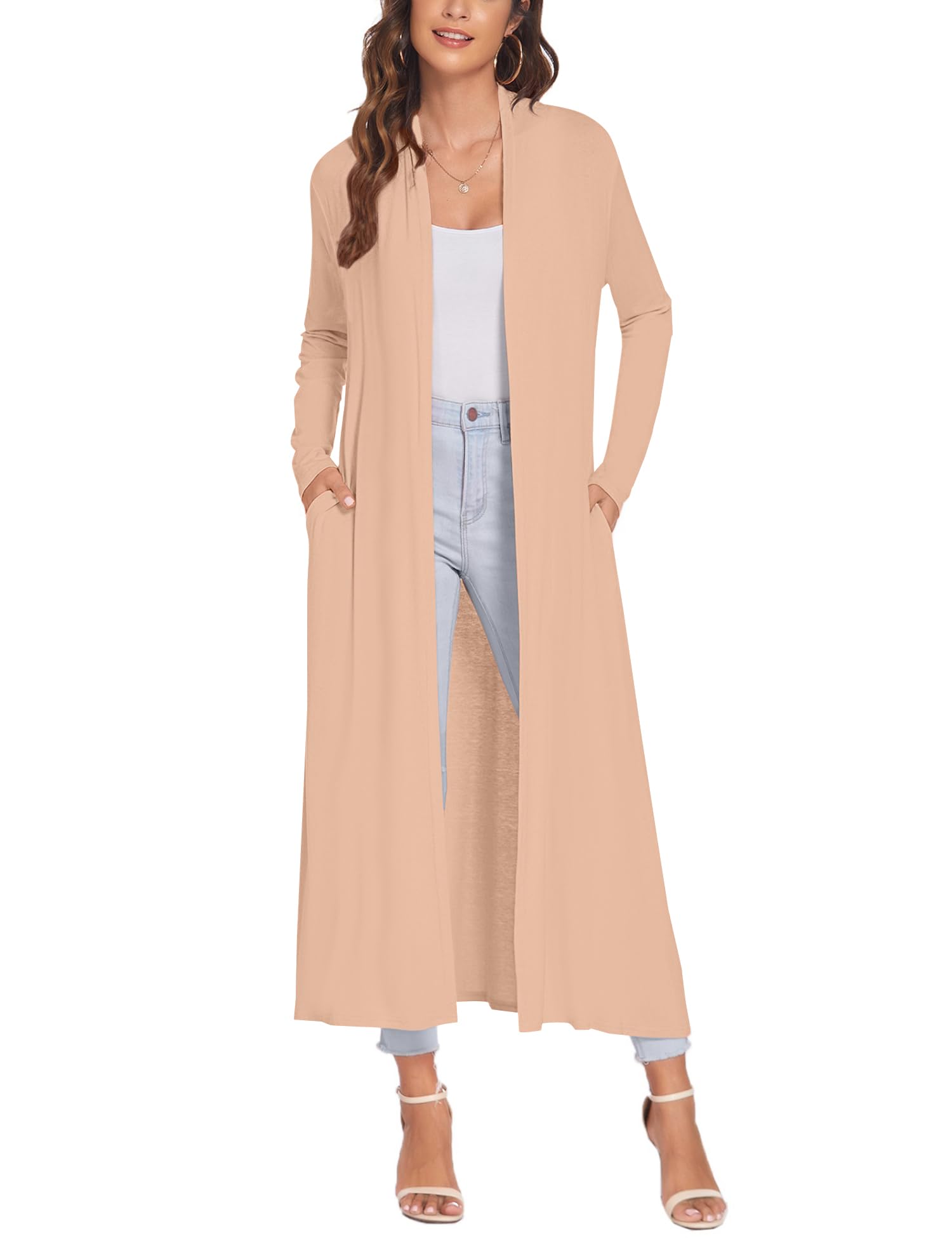 Bluetime Women Floor Length Open Front Cardigan Lightweight Long Sleeve Maxi Duster with Pockets (S-3XL)