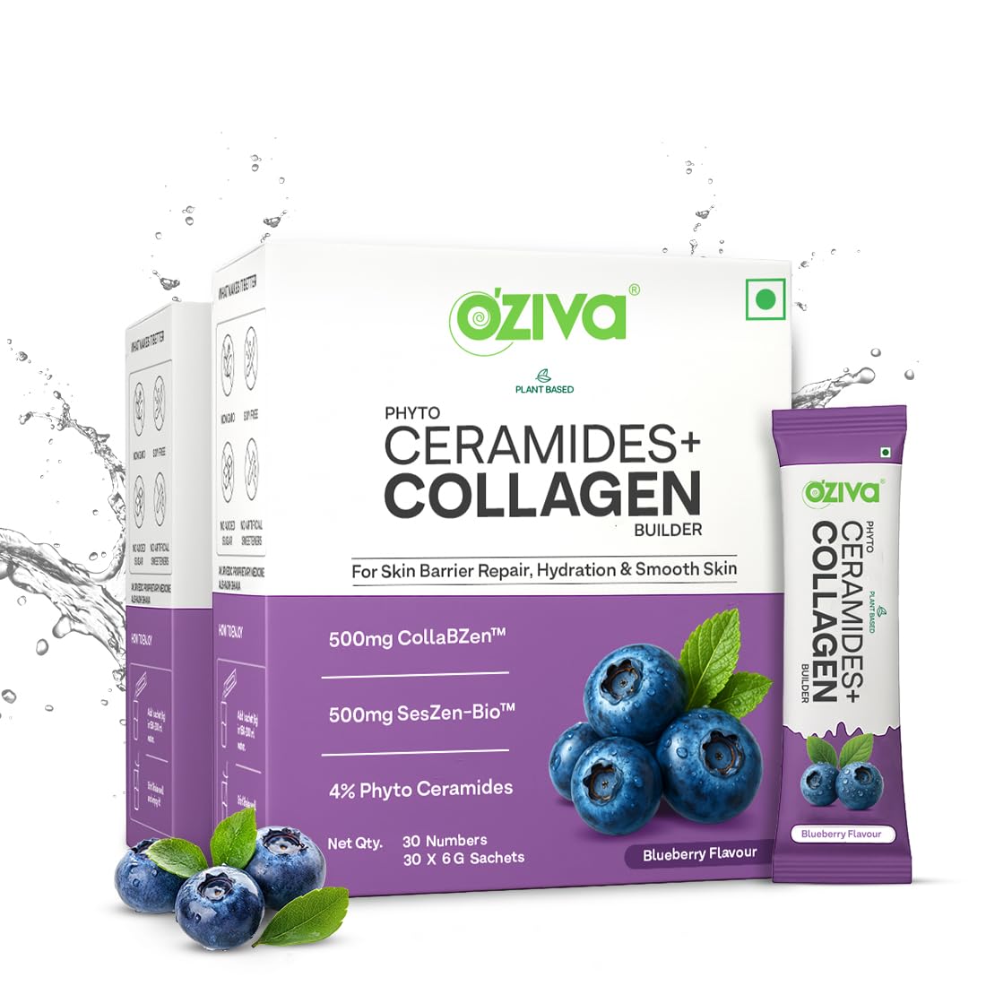 OZiva Phyto Ceramides+ Collagen Builder Supplements | Veg Collagen Powder for Women | Supplement for Skin Hydration, Moisture Retention & Barrier Repair | Blueberry, 30 Sachets (Pack of 2)