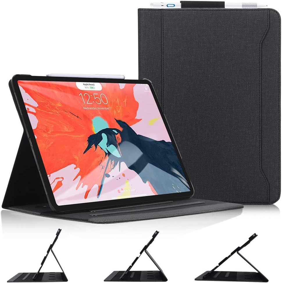 Skycase iPad Pro 12.9 Case (2018), iPad Pro 12.9 3rd Generation Case, [Support Apple Pencil Charging] Auto Dormancy Canvas Multi-Angle Viewing Stand Folio Case for Apple iPad Pro 12.9 inch 2018, Black