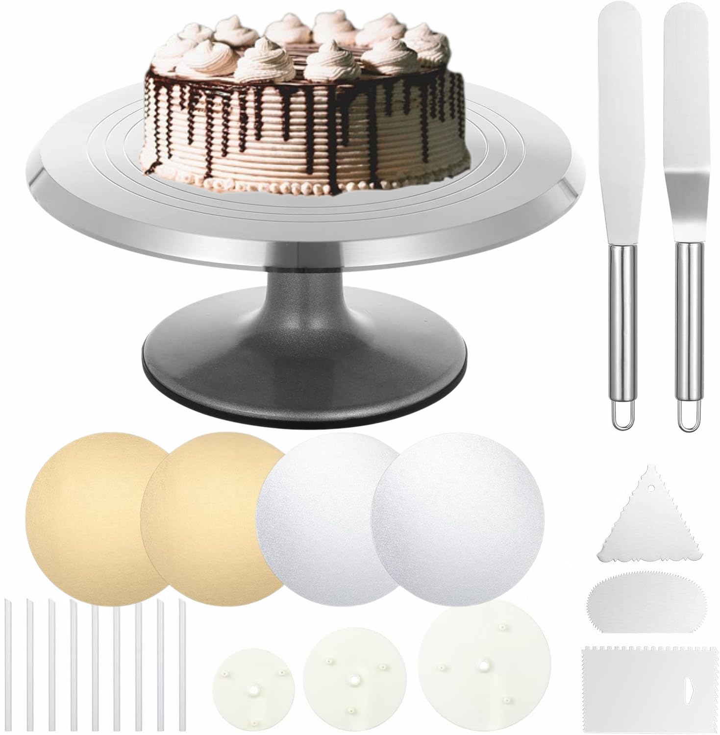 Piatto girevole per torte, in alluminio, 30,5 cm, con spatola per glassa, pettine per glassa, per pasticceria