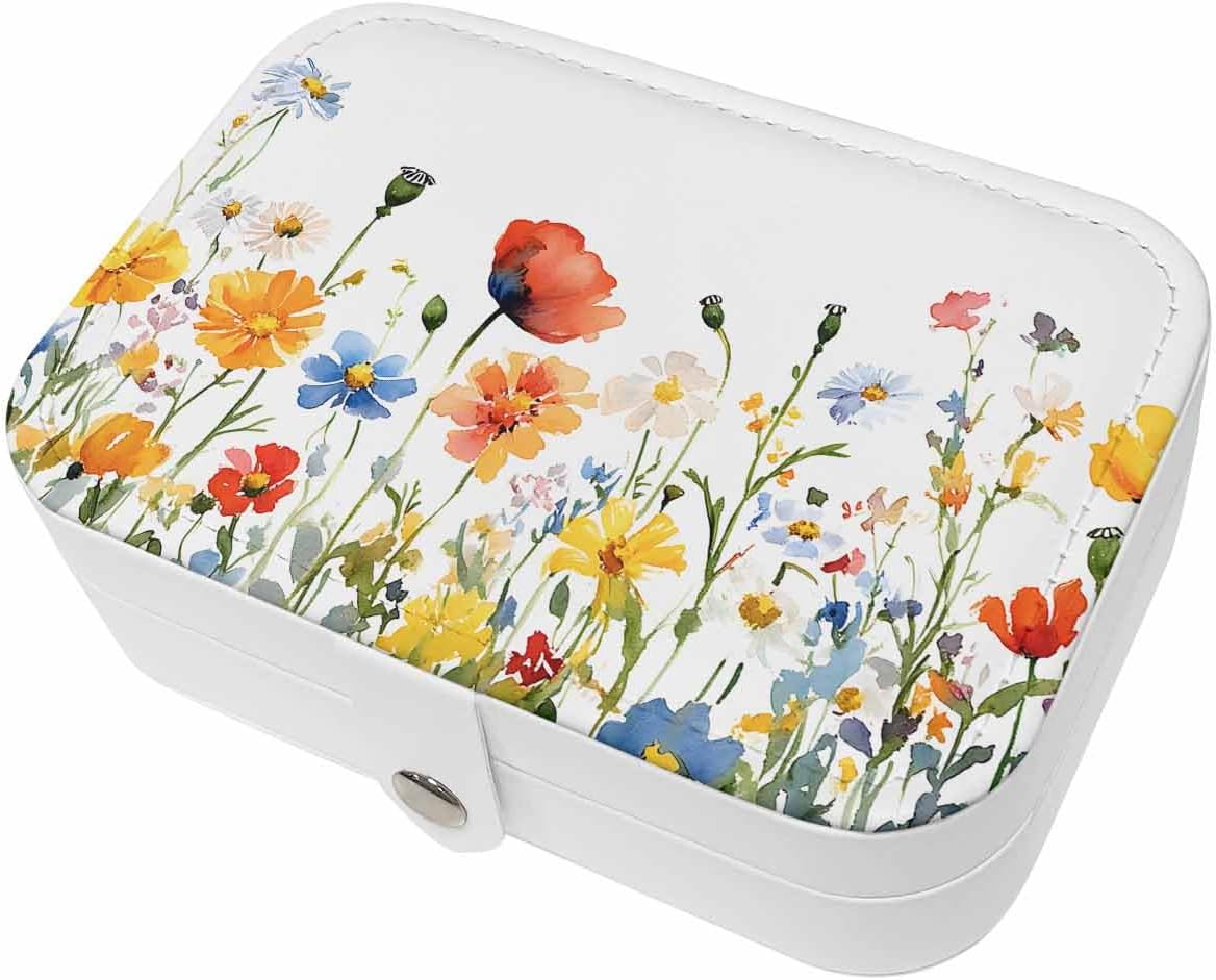Travel Jewelry Case, Colorful Yellow Red Wildflower Leaves PU Leather Organizer Box Portable Small Storage Decorative Case for Ring Necklace Earring Gift for Girl Women