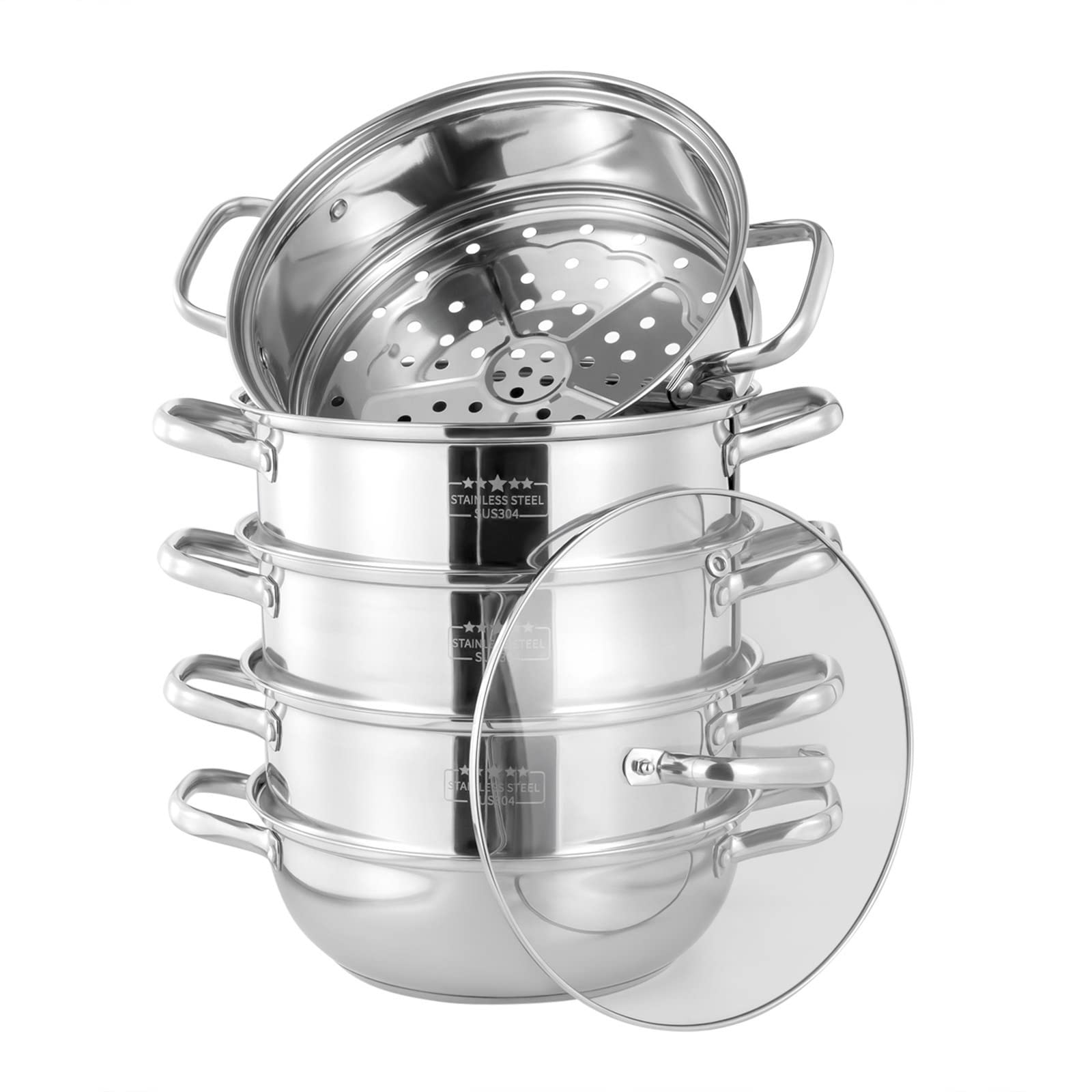5 Etagen Dampfgarer, Edelstahl Dampfkocher, Dampftopf für Gas, Induktion, Elektro, Keramik (28cm)