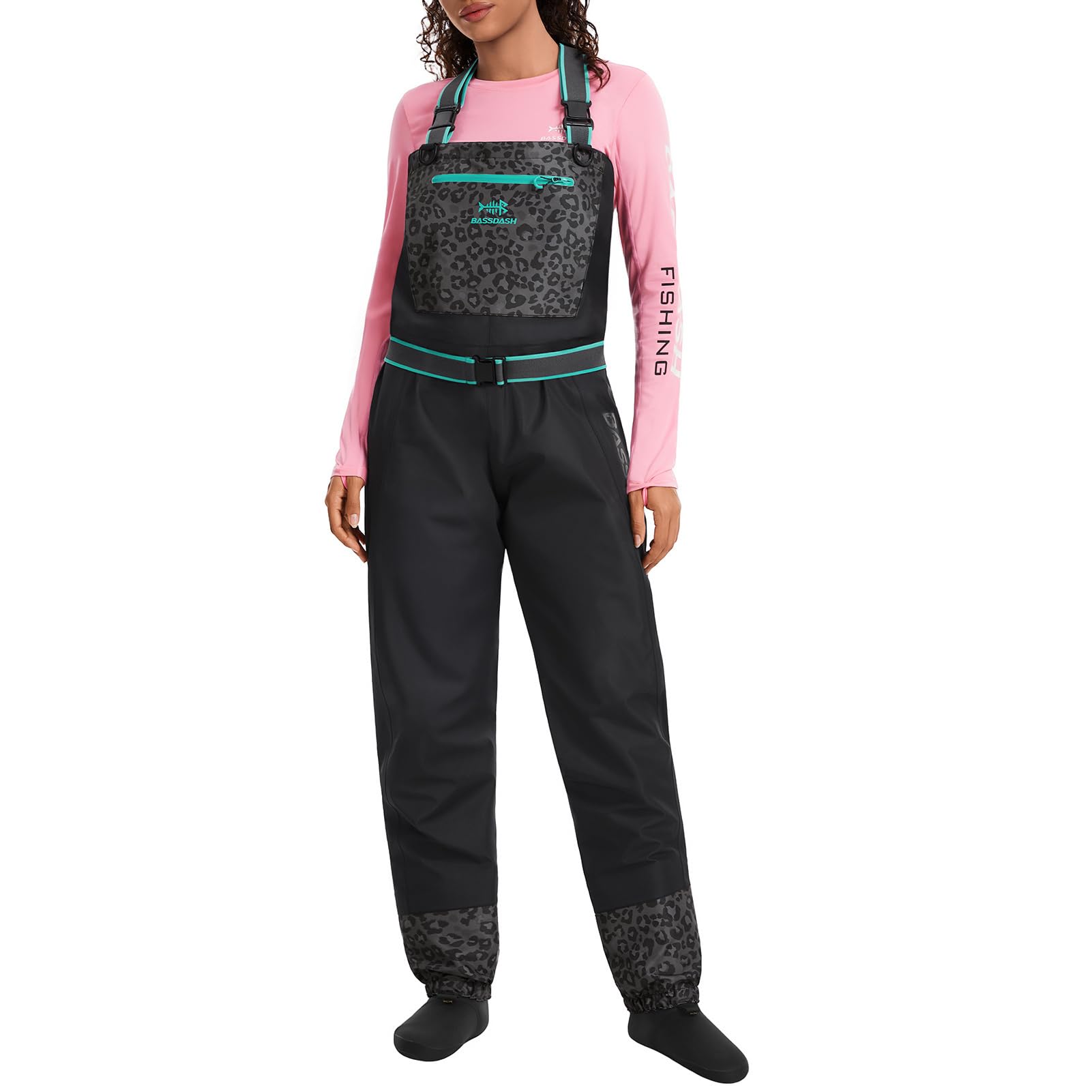 BASSDASH Women's Breathable Waders Leopard Waterproof Fly Fishing Chest Fishing Wader Lightweight Stocking Foot FW15