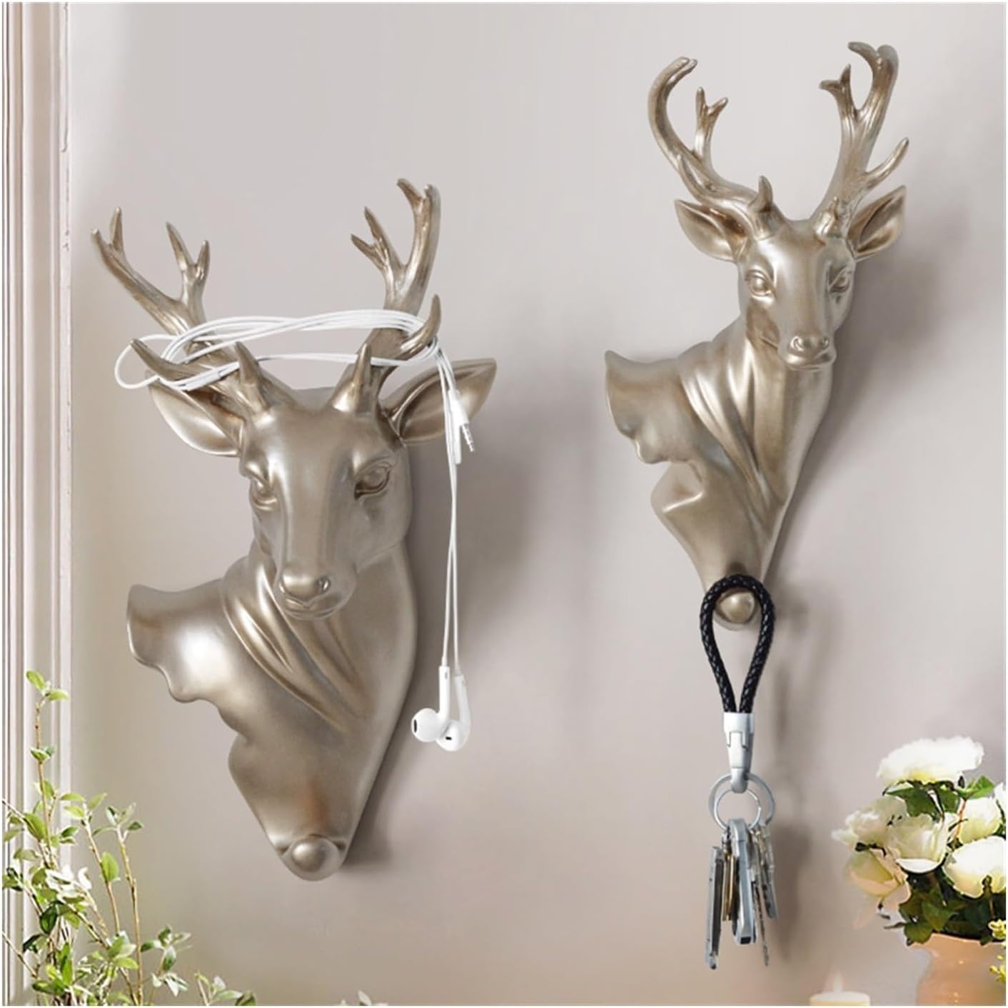 Decorative Hook Deer Head Wall Hanging Hook, Living Room Background Decoration, Porch(Gold,S)