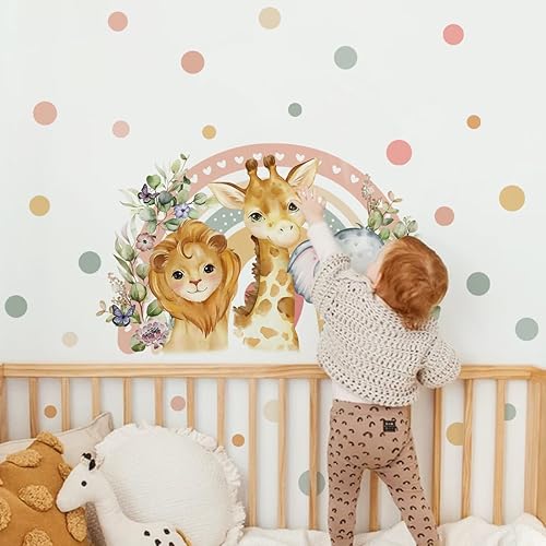 Miniatura 3 de Runtoo Calcomanías de pared con diseño de animales de safari, diseño de lunares, arco iris, decoración de pared para dormitorio de niños, bebé,