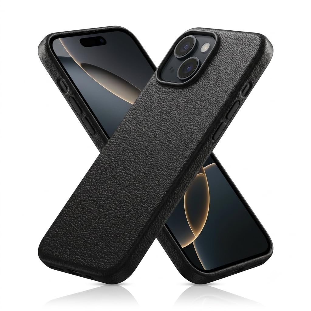 Premium Leather Texture Back Cover for iPhone 15 (6.1 Inch) | Shockproof Soft TPU Slim Protective Case | Anti-Scratch, Anti-Fingerprint, Camera Protection, Lightweight Mobile Cover - Black-image-5