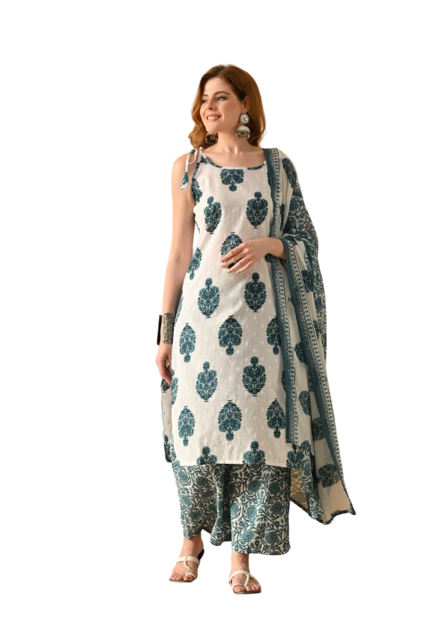 Cotton Floral Print Sleeveless Kurta Set with Dupatta, White and Pink, Straight Cut, Round Neck
