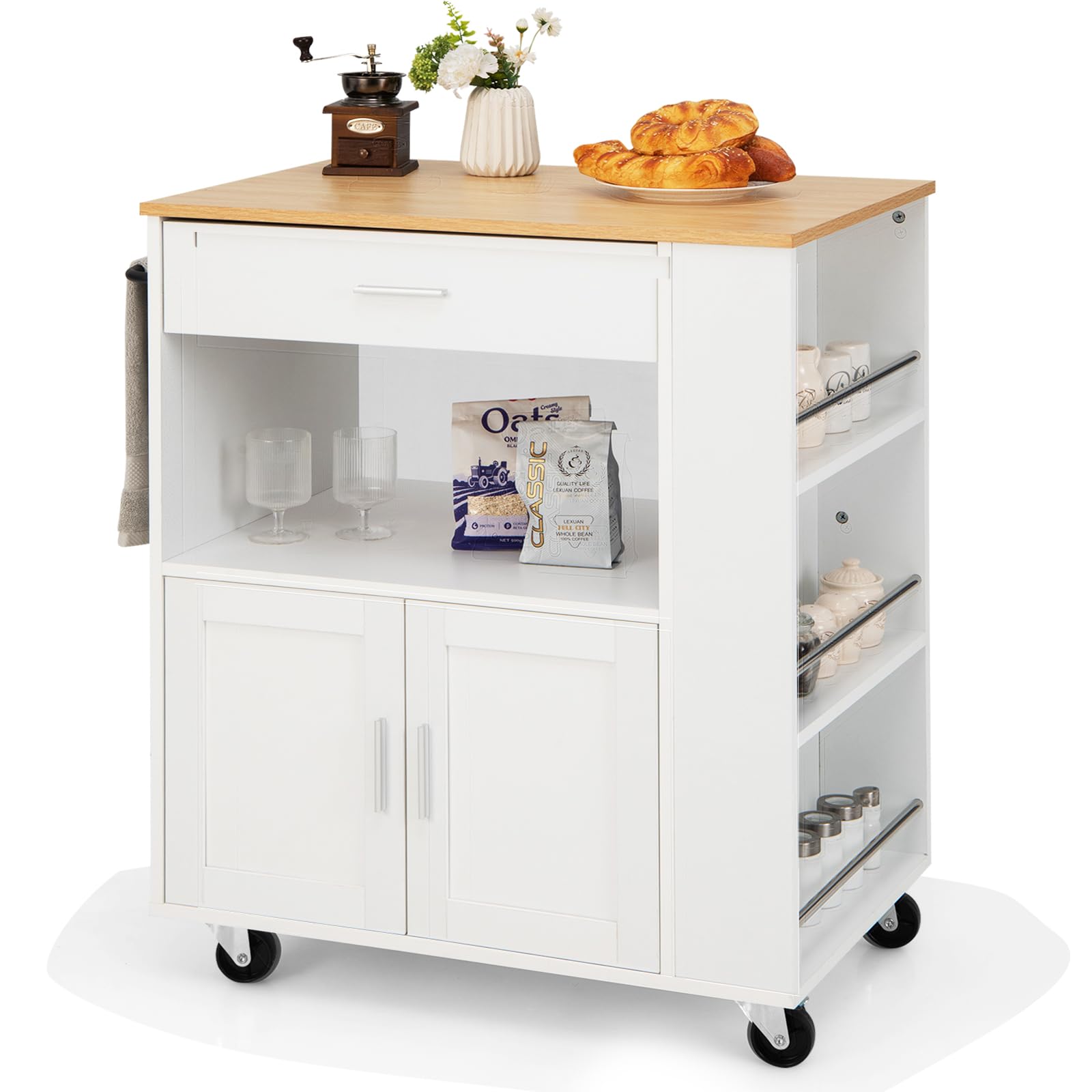 KOMFOTTEU Carro de Cocina con Ruedas, Carrito de Servicio con 3 Estantes Laterales, Armario de Puertas y Cajón, Isla de Almacenamiento con Toallero, Buffet de Comedor, 82 x 46 x 92 cm (Blanco)