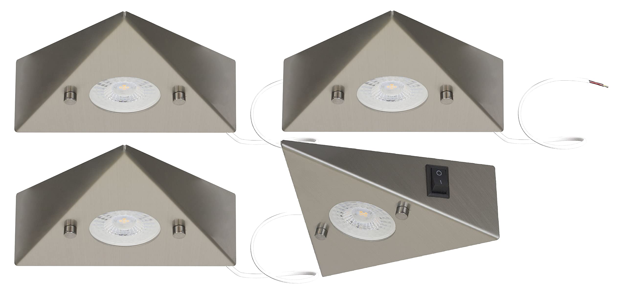 Trango 4er Set 6739-42N Küche Unterbauleuchte inkl. 4x 4,8 Watt LED Modul 3000K warmweiß *COOK* Einbauleuchte - Einbaustrahler aus Edelstahl Dreieckleuchte m. Schalter, Schrankleuchte, Küchenleuchte